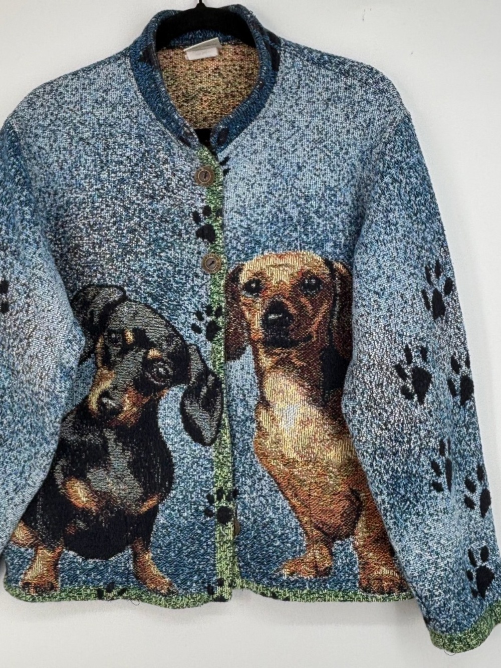 Sugar Street Weavers Womens Medium Jacket Dog Dachshund Blue Tapestry Vintage - Picture 1 of 10